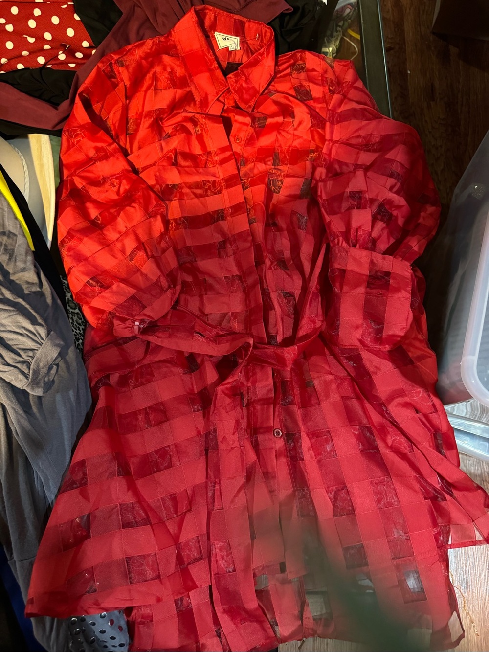 Red Sheer Checkered Button-Up Shirt Dress